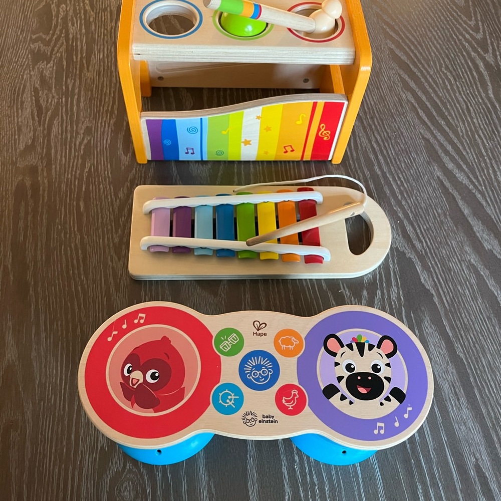 Hape Pound & Tap Bench with Xylophone & Baby Einstein Upbeat Tunes Bongos